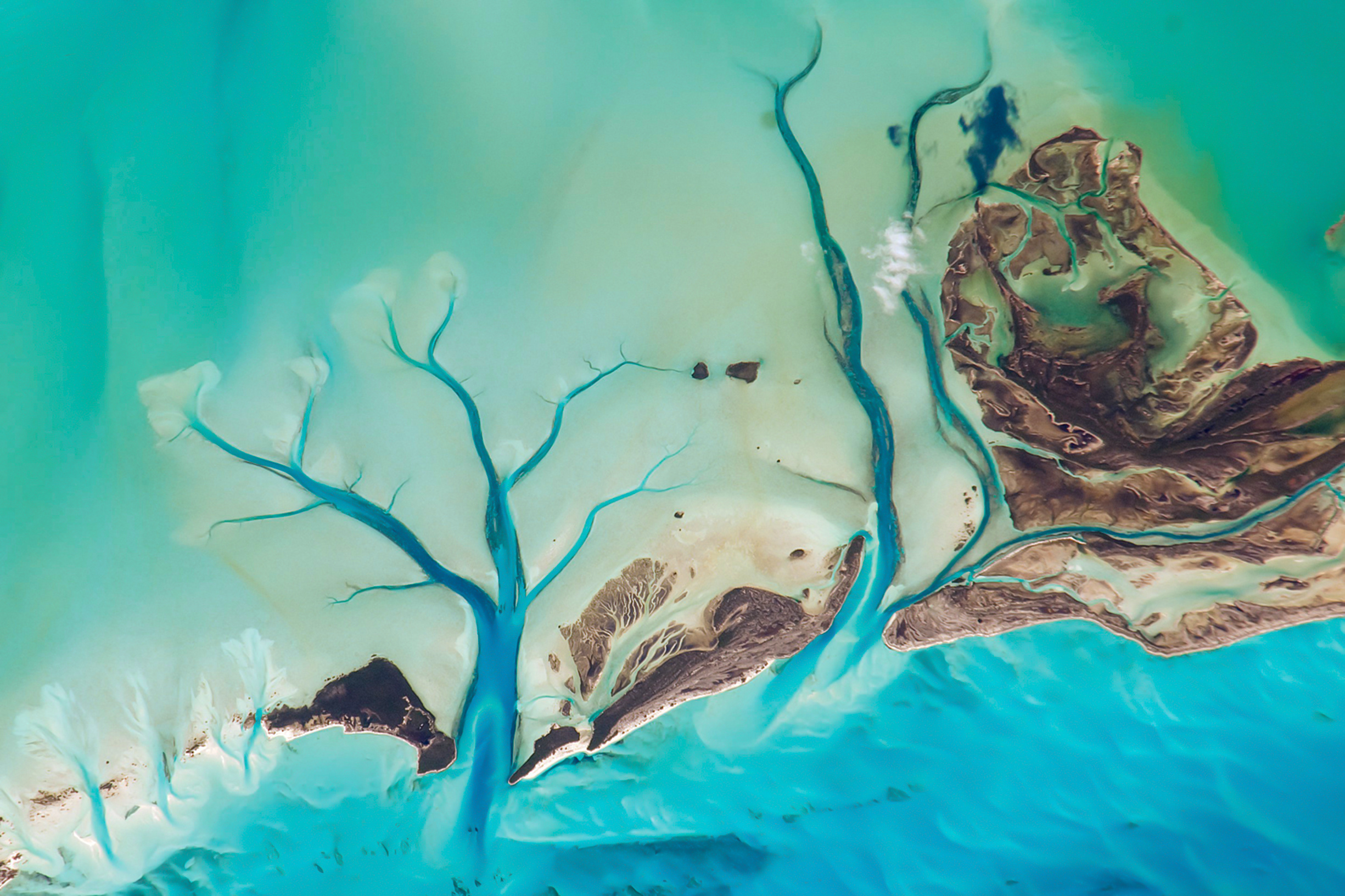Delta et chenaux d’eau turquoise vus du ciel