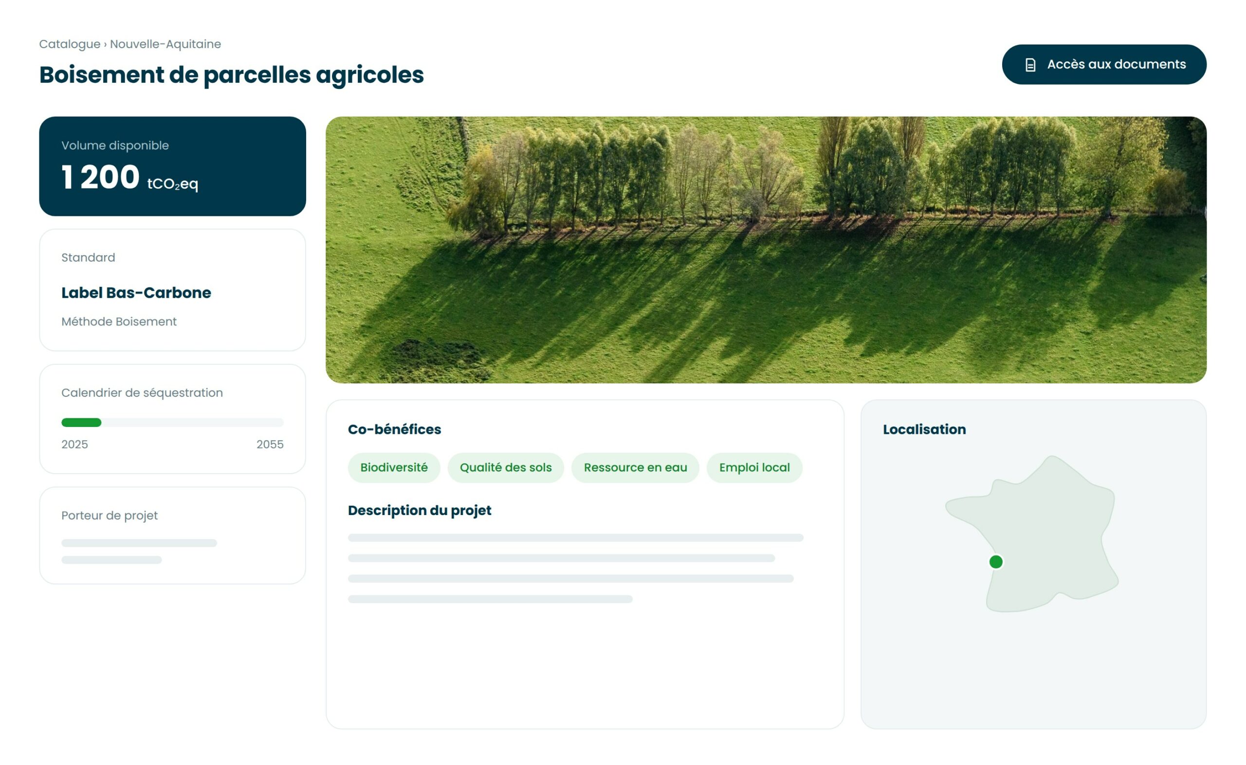 Capture de la plateforme : fiche détaillée d’un projet labellisé